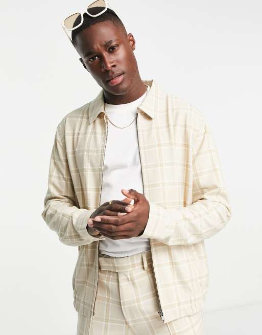 ASOS DESIGN smart crepe check Harrington jacket in ecru part of a set