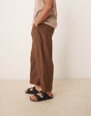 smart cropped balloon linen blend pants with front pleat in brown