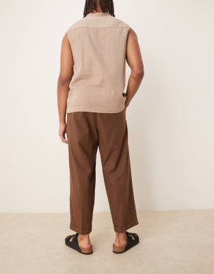 Asos Design Smart Cropped Balloon Linen Blend Pants With Front Pleat In Brown