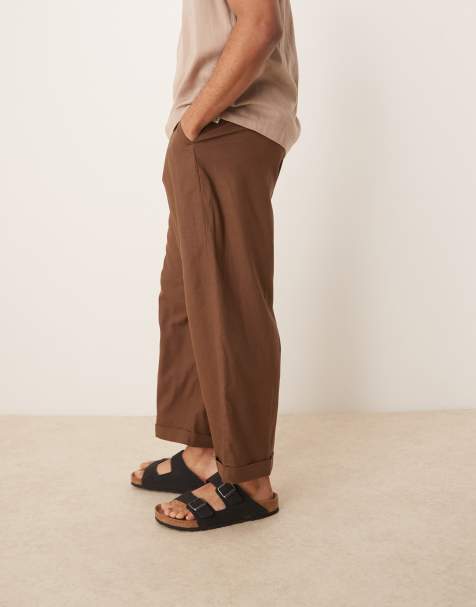ASOS DESIGN smart cropped balloon linen blend trousers with front pleat in brown - view 1