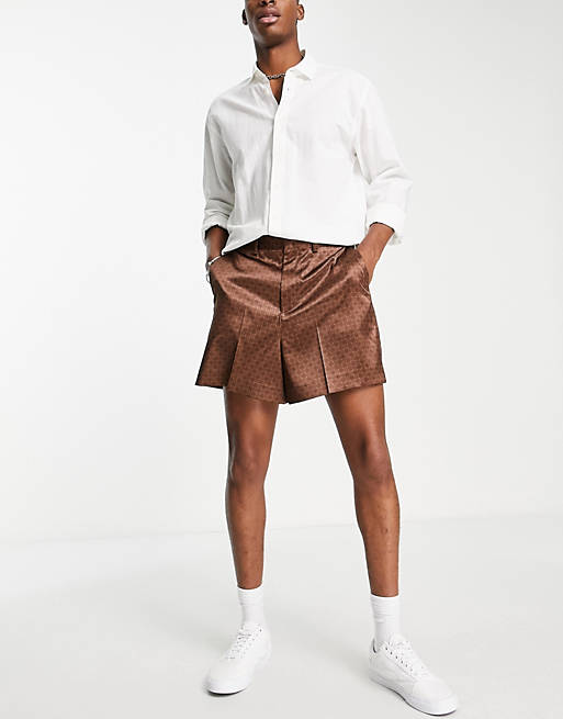 ASOS Smart Cropped Bermuda Satin Shorts With Retro Monogram Print in Brown for Men Mens Clothing Shorts Bermuda shorts 