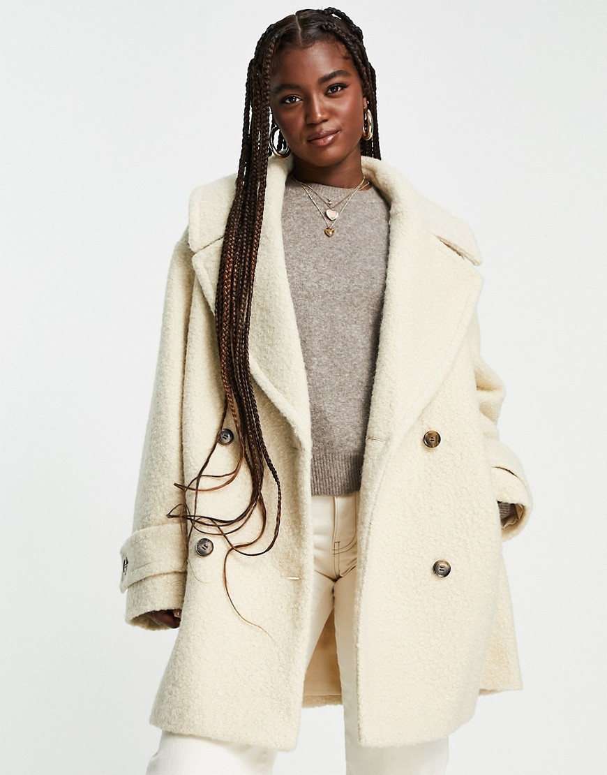 ASOS DESIGN smart double breasted pea coat in off white-Black