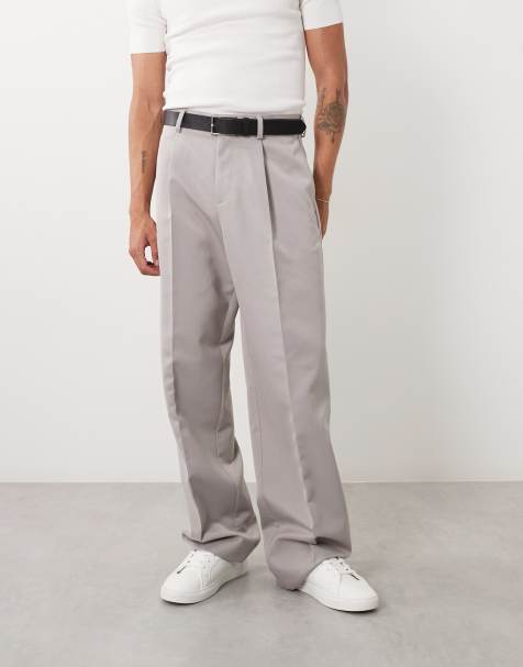 ASOS DESIGN smart double pleated wide leg trousers in light grey