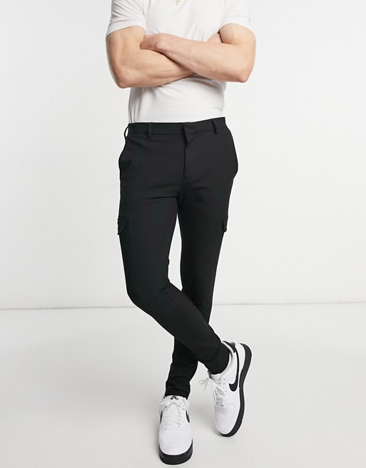 ASOS DESIGN smart extreme super skinny trousers with cargo pockets in black