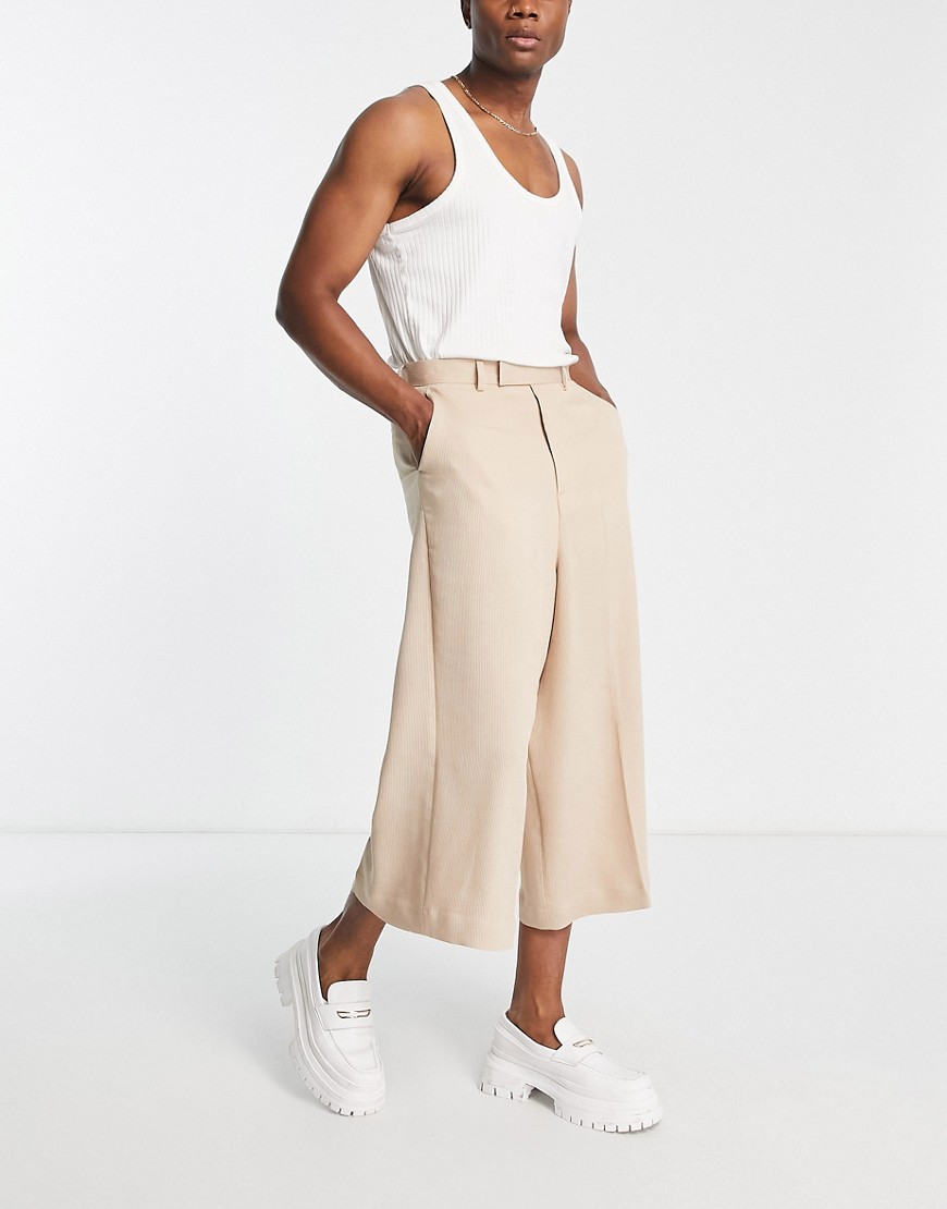 ASOS DESIGN smart extreme wide culotte trousers in stone plisse-Neutral