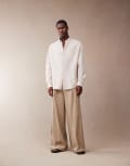 [ASOS DESIGN] ASOS DESIGN smart extreme wide leg linen blend pants with front pleat in dark stone-Neutral W34 L30 Dark stone