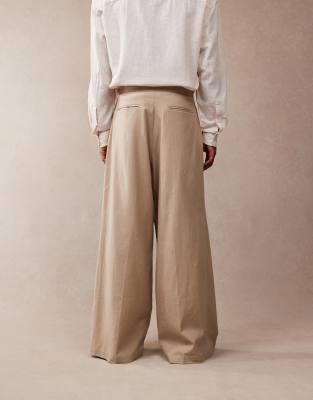 ASOS DESIGN smart extreme wide leg linen blend pants with front pleat in dark stone
