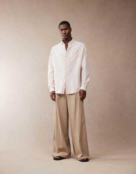 ASOS DESIGN smart extreme wide leg linen blend trousers with front pleat in dark stone - view 1