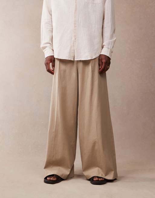 ASOS DESIGN smart extreme wide leg linen blend pants with front pleat in dark stone