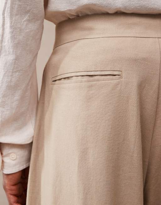 ASOS DESIGN smart extreme wide leg linen blend trousers with front pleat in dark stone, 3 of 5