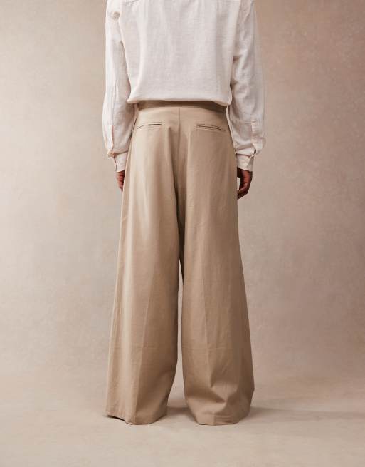 ASOS DESIGN smart extreme wide leg linen blend pants with front pleat in dark stone
