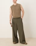 [ASOS DESIGN] ASOS DESIGN smart extreme wide leg pants in dark green slub W36 L32 GREEN