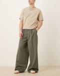[ASOS DESIGN] ASOS DESIGN smart extreme wide leg pants with front pleats in green W32 L32 GREEN