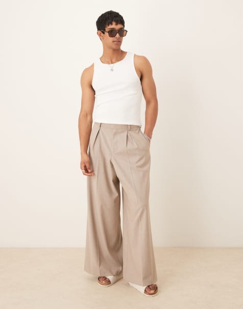ASOS DESIGN smart extreme wide pants with box pleat in beige pinstripe - view 1