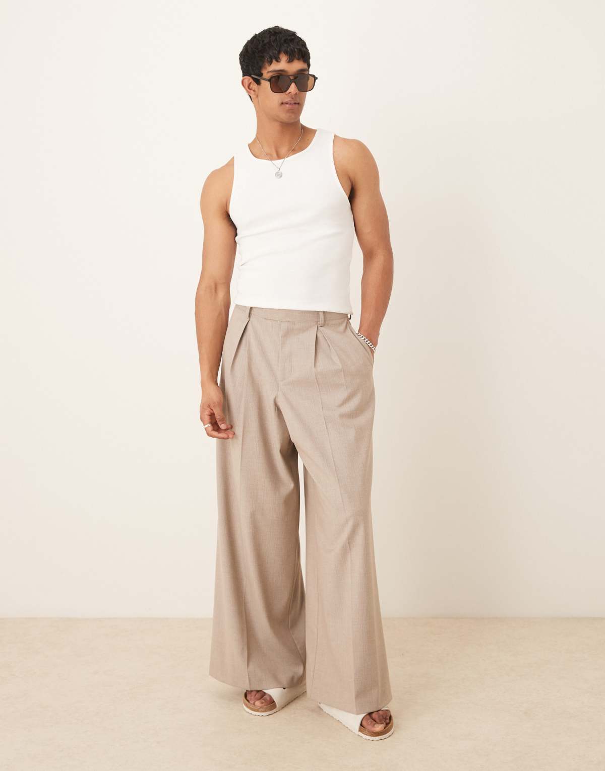 ASOS DESIGN smart extreme wide trousers with box pleat in beige pinstripe