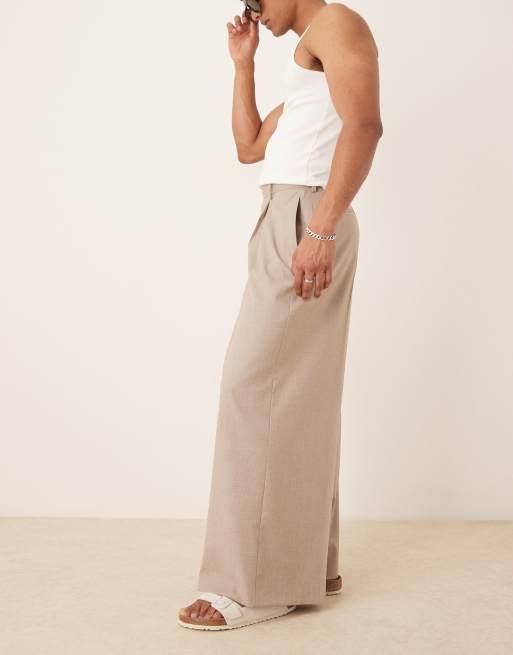 ASOS DESIGN smart extreme wide trousers with box pleat in beige pinstripe