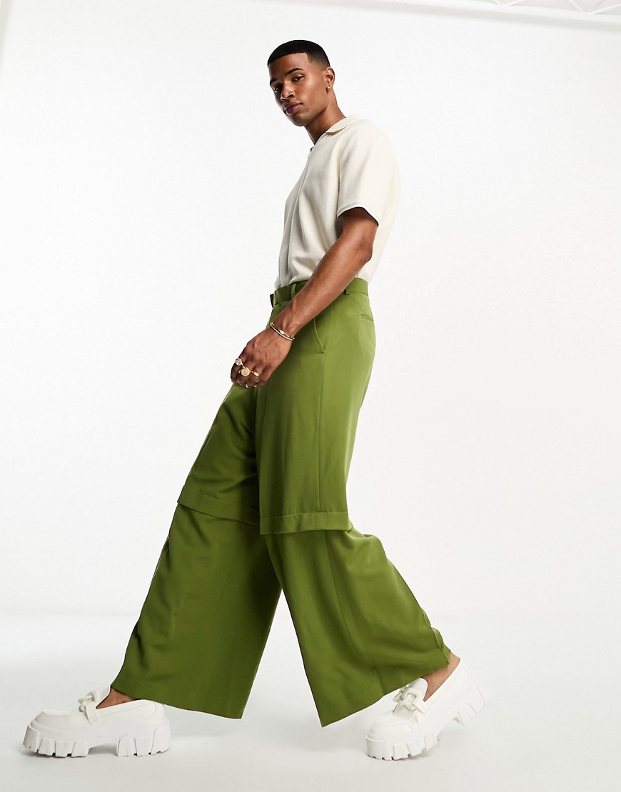 ASOS DESIGN smart extreme wide two layer wide leg trousers in green-Grey