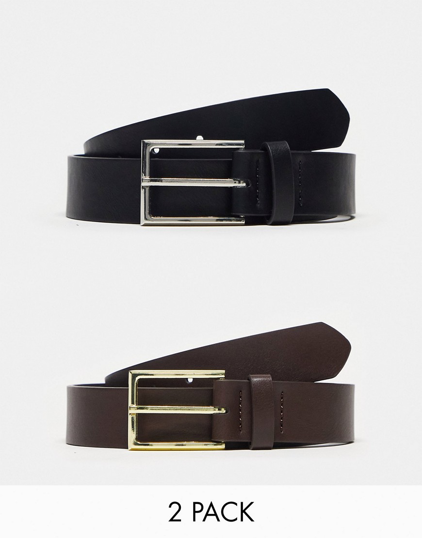 ASOS DESIGN smart faux leather belt pack with silver and gold buckles in brown and blackMulti
