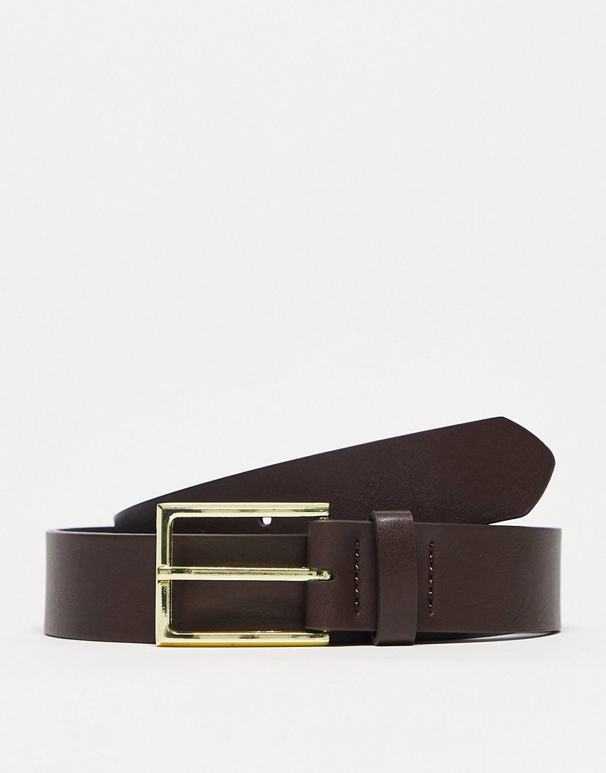 Asos Design Smart Faux Leather Belt With Gold Buckle In Brown