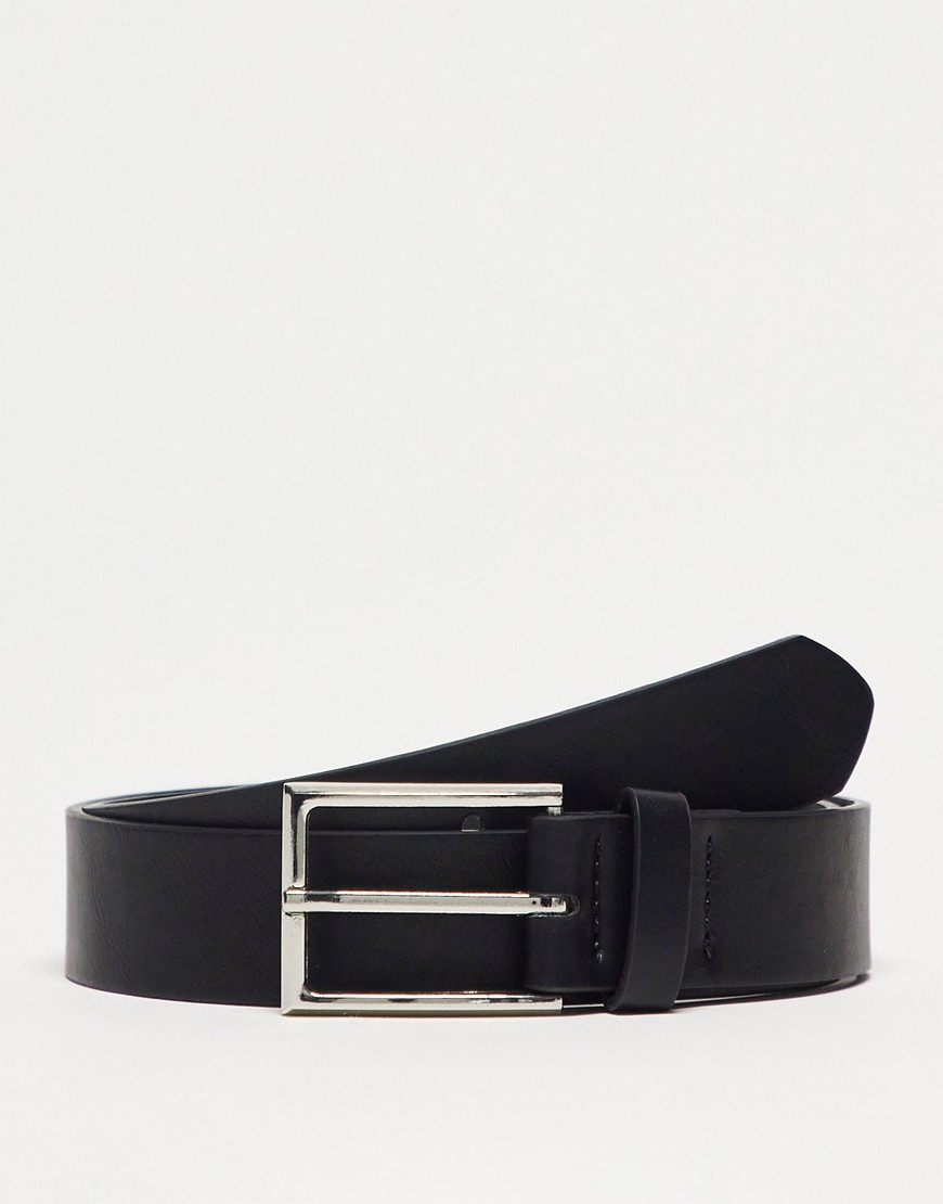 Asos Design Smart Faux Leather Belt With Silver Buckle In Black