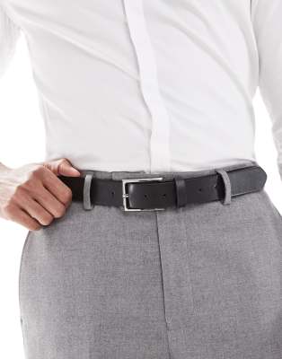 Asos Design Smart Faux Leather Belt With Silver Buckle In Black