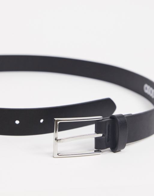 ASOS DESIGN smart faux leather belt with silver buckle in black, 2 of 4