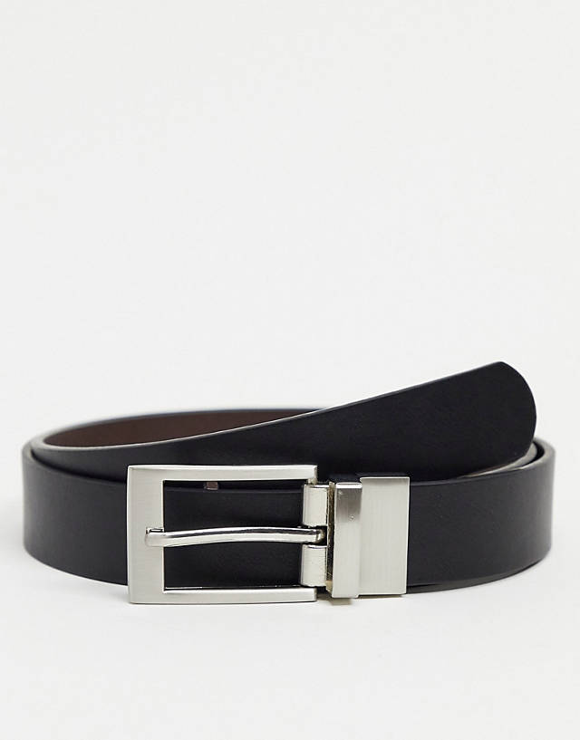 ASOS DESIGN - smart faux leather reversible belt in with silver buckle in brown and black