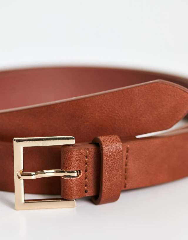 ASOS DESIGN smart faux leather skinny belt with gold buckle in tan