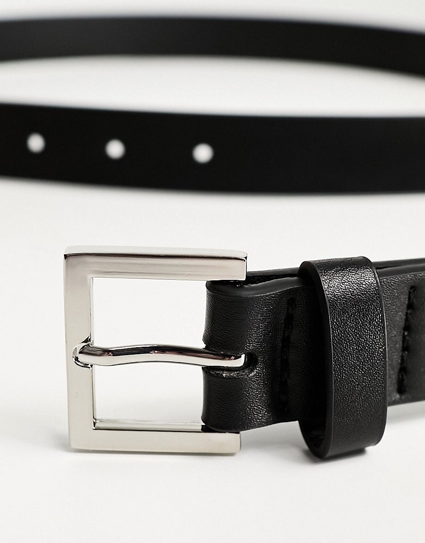 Asos Design Smart Faux Leather Skinny Belt With Silver Buckle In Black