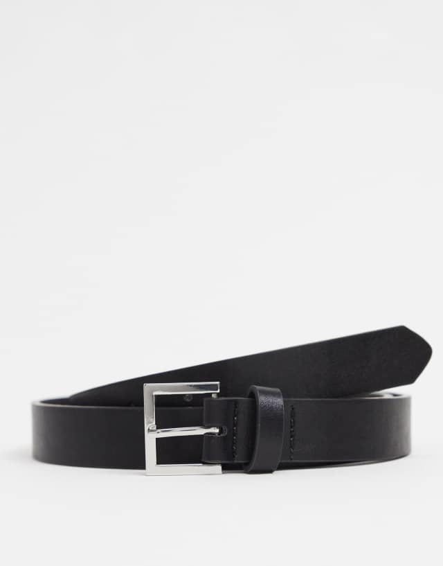 ASOS DESIGN smart faux leather skinny belt with silver buckle in black