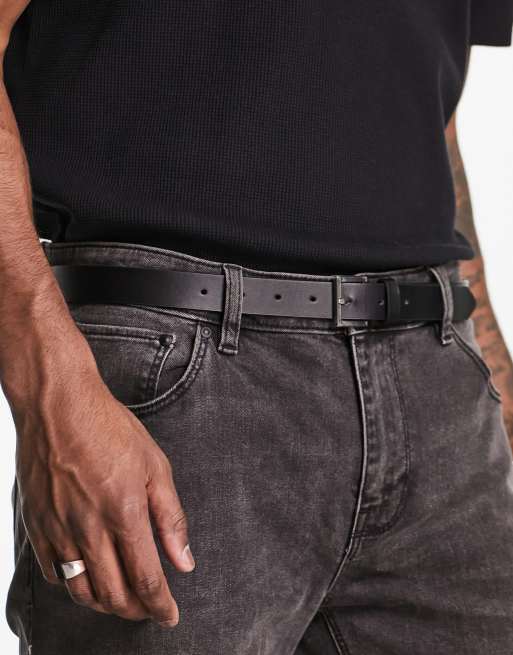ASOS DESIGN smart faux leather skinny belt with silver buckle in black, 2 of 4