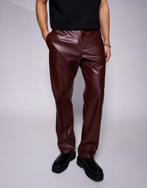 ASOS DESIGN smart faux leather straight leg pants in burgundy, 4 of 5