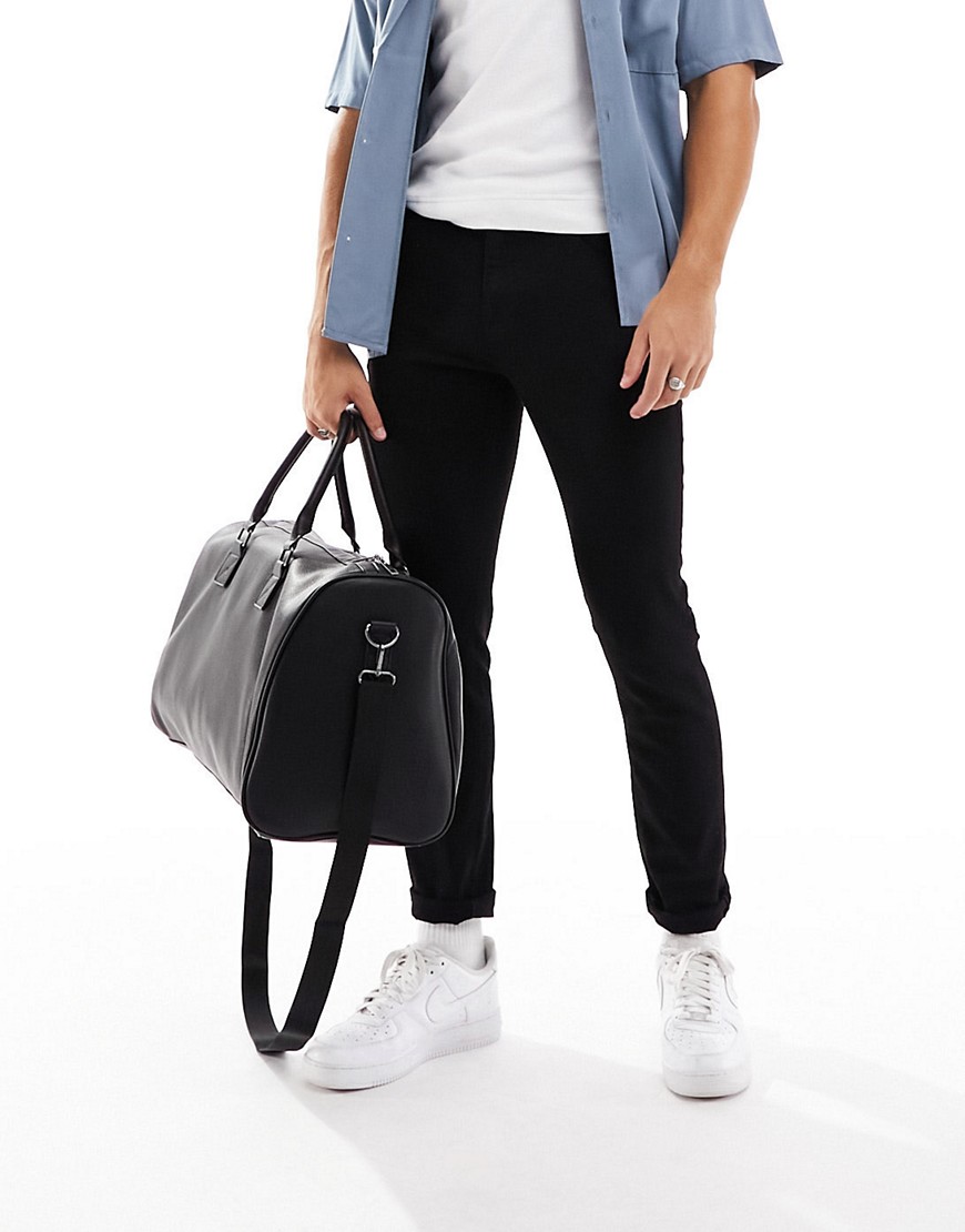 smart faux leather weekend holdall bag in black
