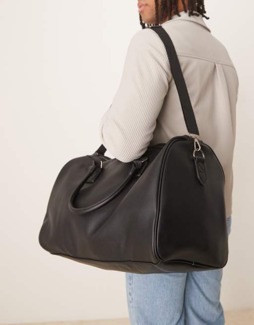 ASOS DESIGN smart faux leather weekend holdall bag in black