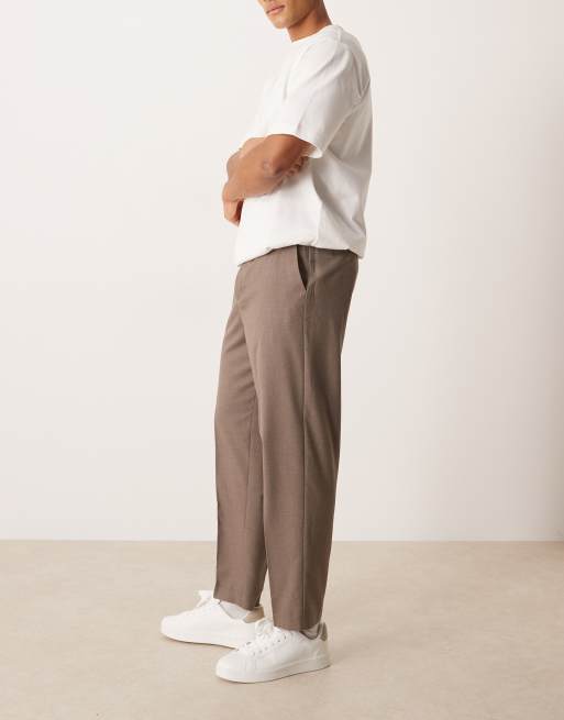 ASOS DESIGN smart flannel relaxed tapered pants with elasticated waist in beige, 3 of 5