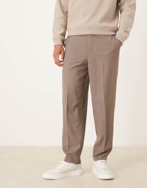 ASOS DESIGN smart flannel relaxed tapered trousers with elasticated waist in beige - view 1