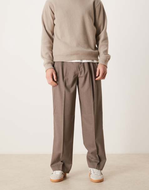 ASOS DESIGN smart flannel wide leg trousers in brown with triple pleats