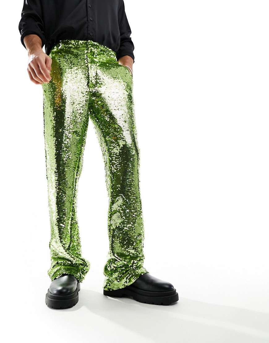 ASOS DESIGN smart flare trousers in lime green sequins
