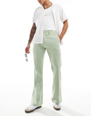 Asos Design Smart Flare Wool Mix Pants In Sage Green Herringbone In Green