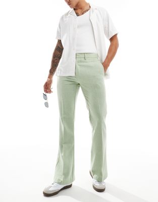 Asos Design Smart Flare Wool Mix Pants In Sage Green Herringbone