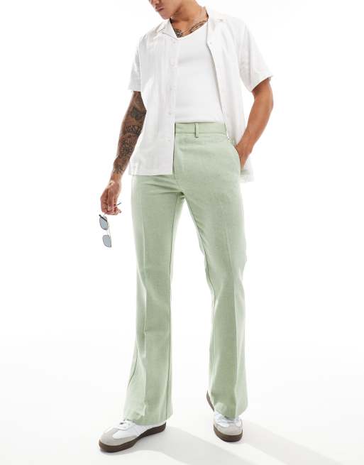 ASOS DESIGN smart flare wool mix pants in sage green herringbone