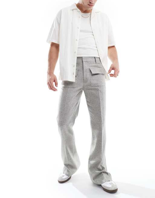 ASOS DESIGN smart flare wool mix pants with front pockets in light grey