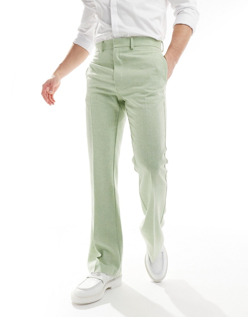 ASOS DESIGN smart flare wool mix trousers in sage green herringbone