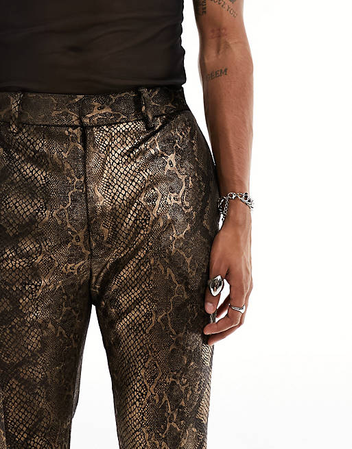 ASOS DESIGN smart flared pants in bronze snake pattern
