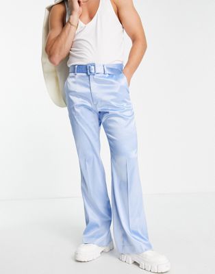 ASOS DESIGN smart flared trousers with belt in high shine baby blue