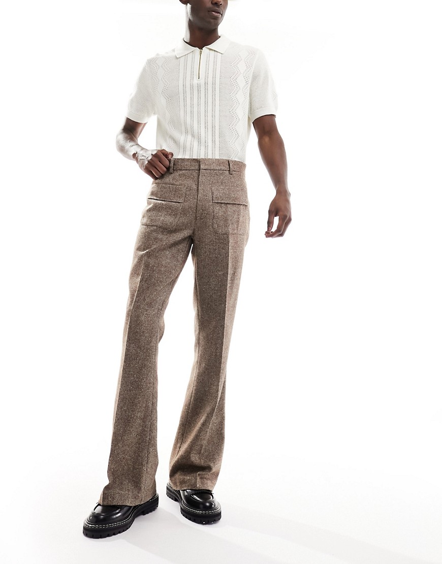 ASOS DESIGN smart flared wool mix trousers in tweed brown