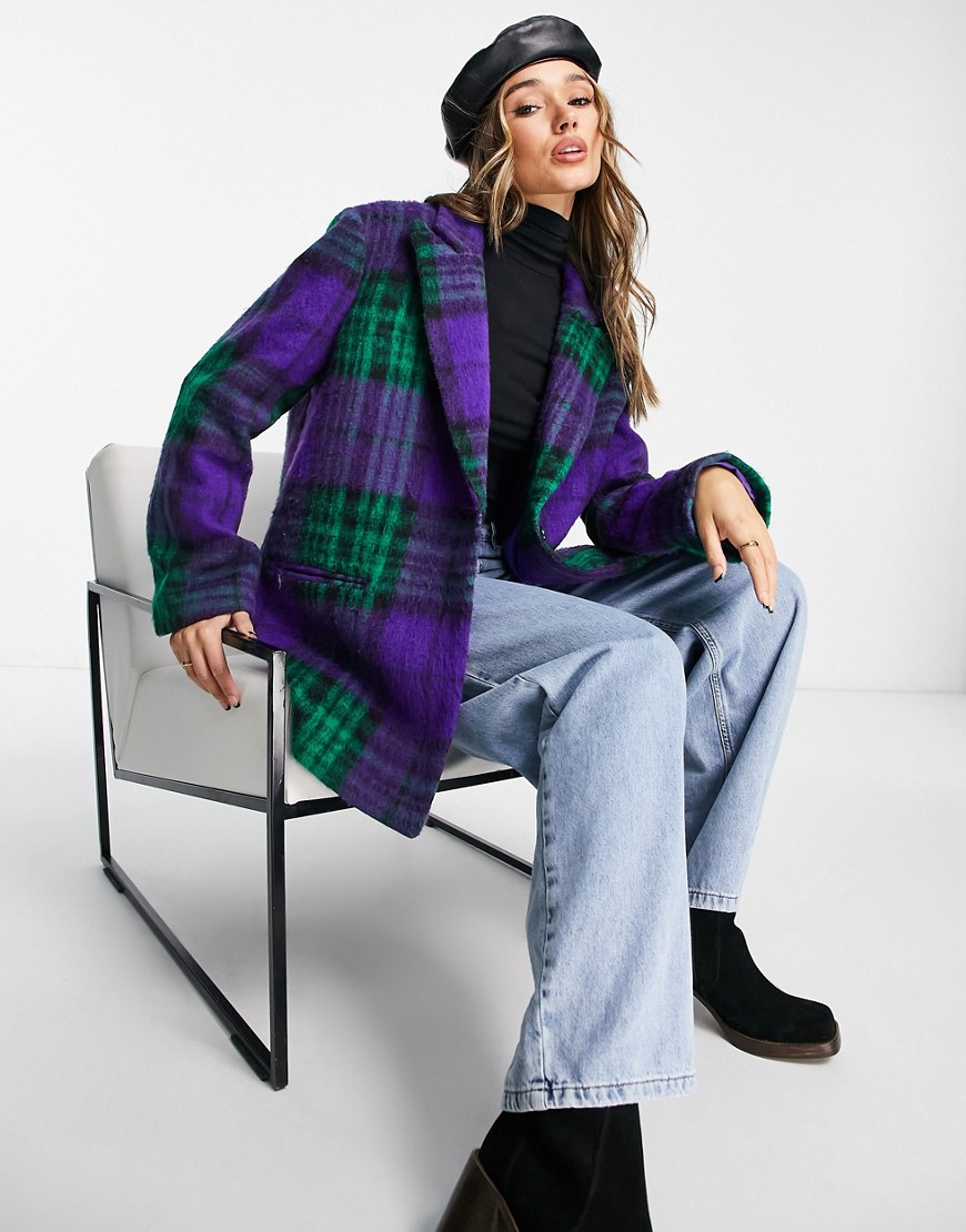 ASOS DESIGN smart grandad wool mix jacket in purple check