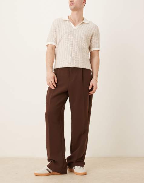 ASOS DESIGN smart half elasticated wide leg pants with front pleat and chunky belt loops in brown - view 1