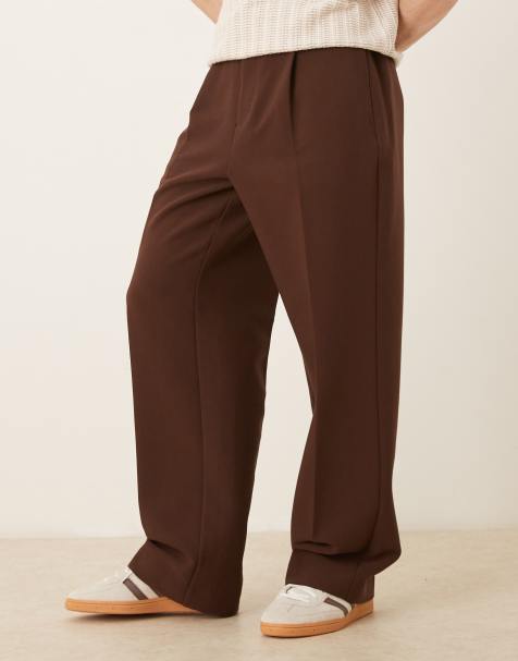 ASOS DESIGN smart half elasticated wide leg trousers with front pleat and chunky belt loops in brown - view 1