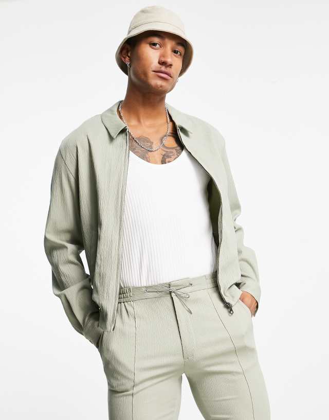 ASOS DESIGN smart harrington jacket in sage green crinkle - part of a set